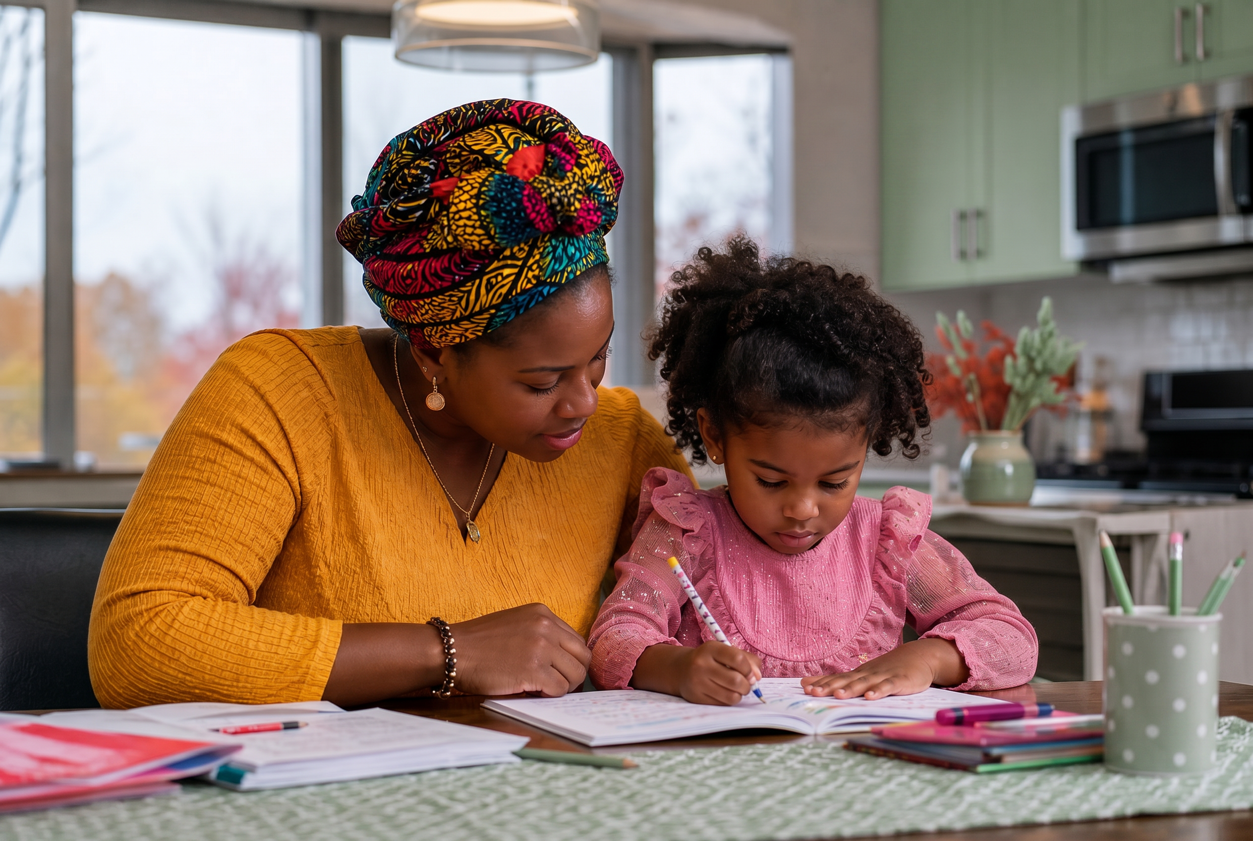 Mother and child learning to read