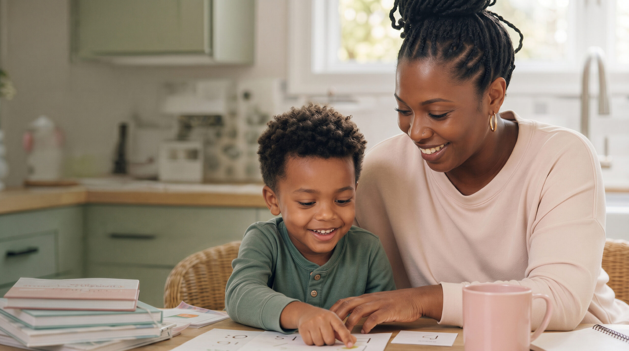 Mother and child learning to read